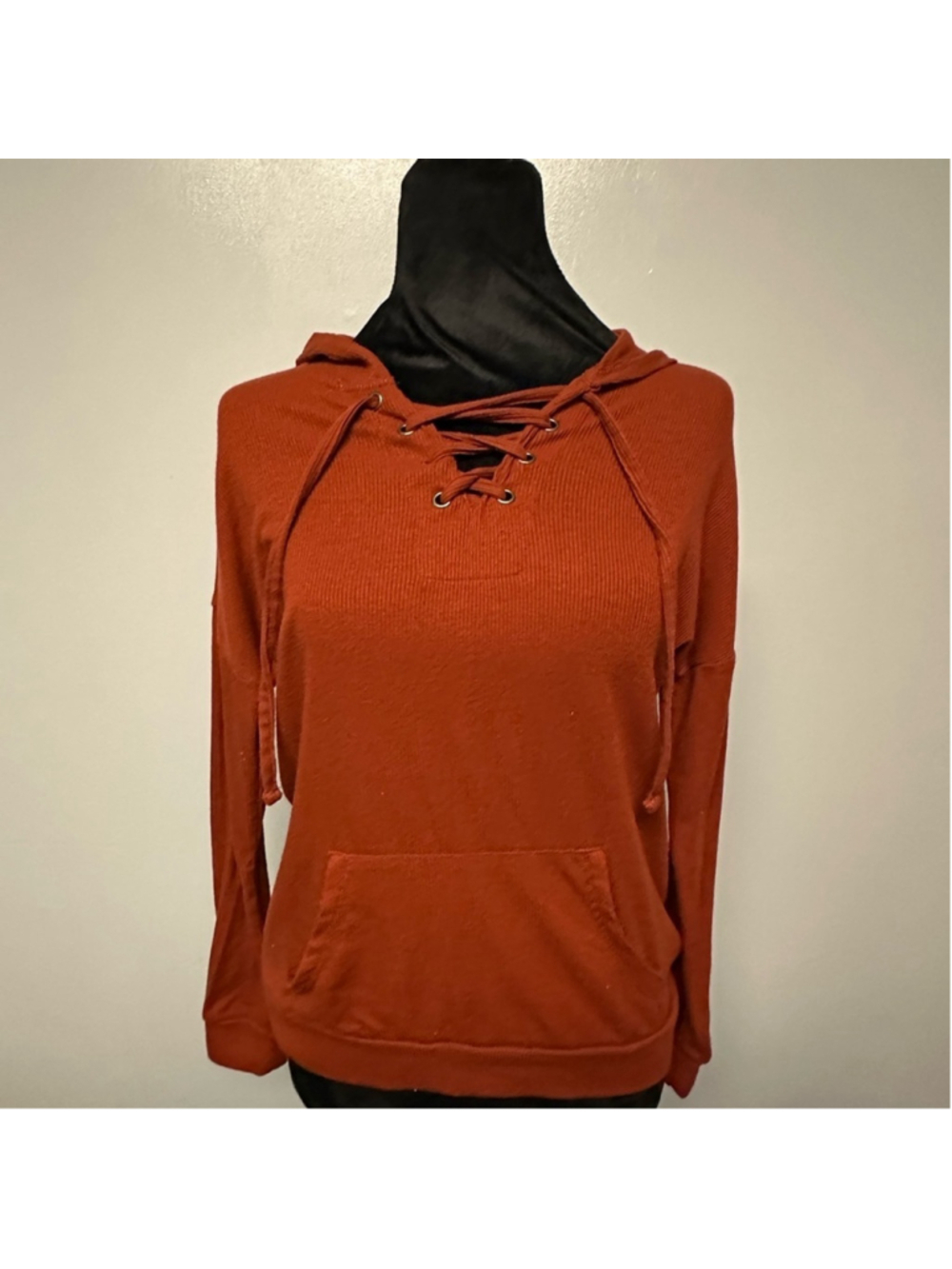 Pink Republic Lace-Up Hoodie Long Sleeve Burnt Orange Ribbed Size Small